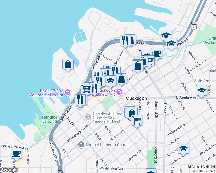 map of restaurants, bars, coffee shops, grocery stores, and more near 379 West Western Avenue in Muskegon