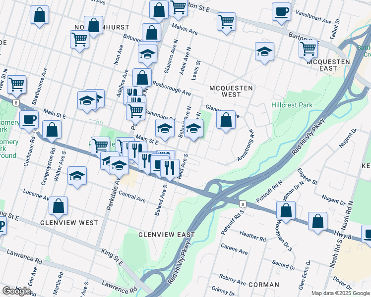 map of restaurants, bars, coffee shops, grocery stores, and more near 2465 Main Street East in Hamilton