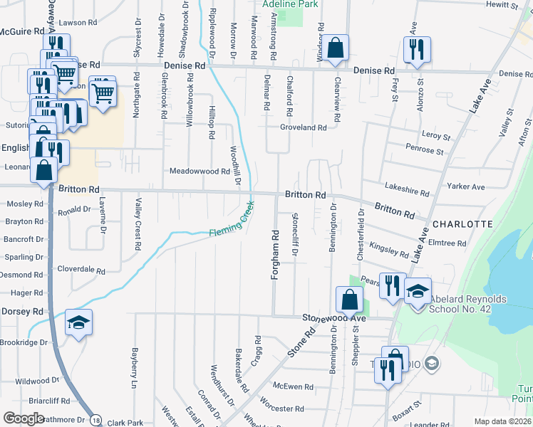 map of restaurants, bars, coffee shops, grocery stores, and more near 351 Britton Road in Rochester