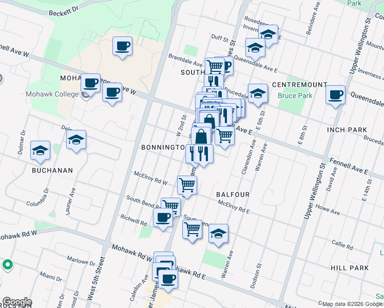 map of restaurants, bars, coffee shops, grocery stores, and more near 21 West 1st Street in Hamilton