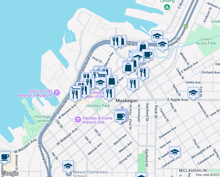 map of restaurants, bars, coffee shops, grocery stores, and more near 297 West Clay Avenue in Muskegon