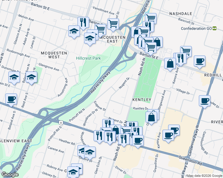 map of restaurants, bars, coffee shops, grocery stores, and more near 2 Ede Street in Hamilton