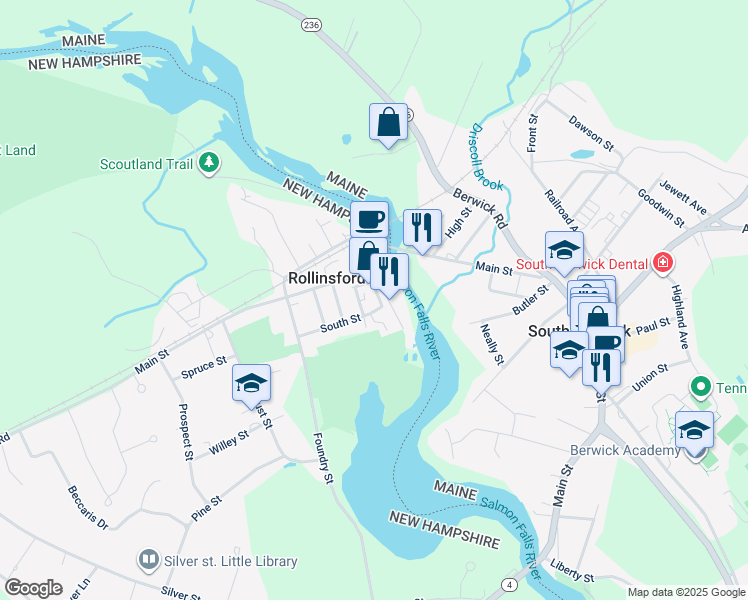 map of restaurants, bars, coffee shops, grocery stores, and more near 79 Front Street in Rollinsford
