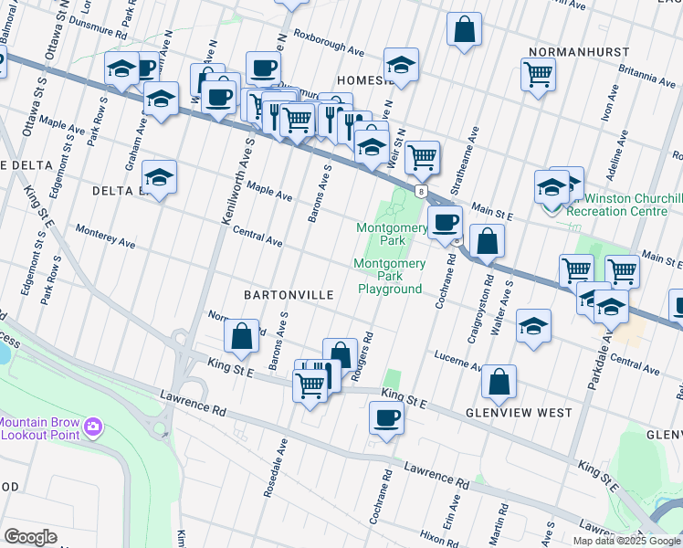 map of restaurants, bars, coffee shops, grocery stores, and more near 69 Tragina Avenue South in Hamilton