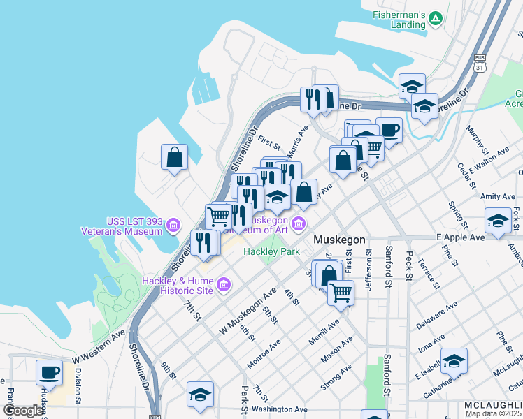 map of restaurants, bars, coffee shops, grocery stores, and more near 380 West Western Avenue in Muskegon
