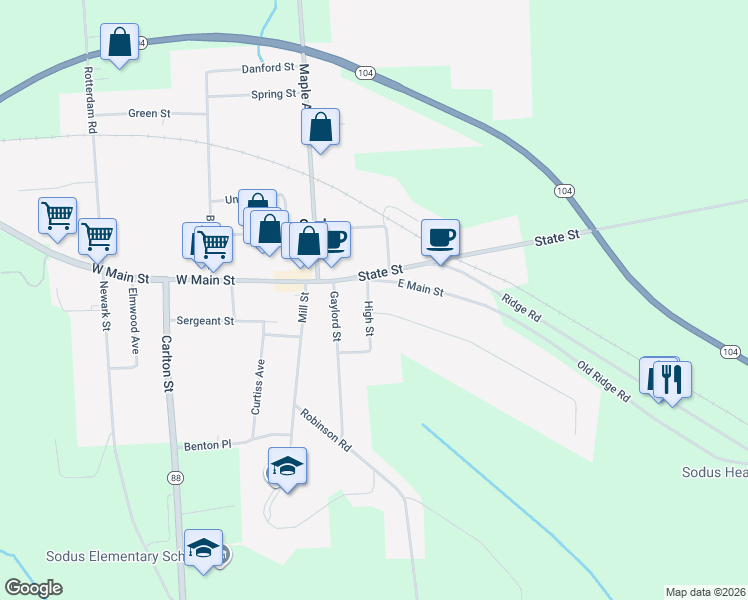 map of restaurants, bars, coffee shops, grocery stores, and more near 6 High Street in Sodus