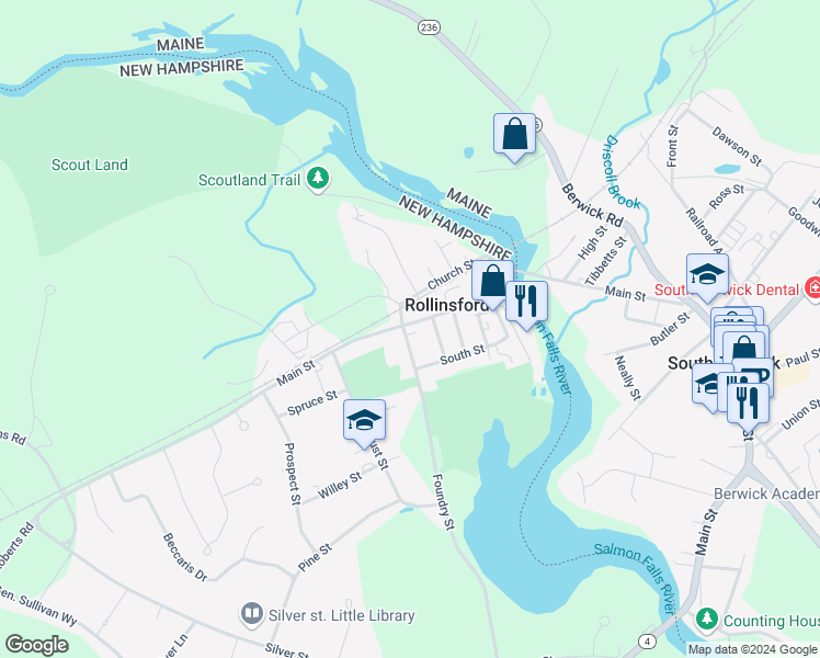 map of restaurants, bars, coffee shops, grocery stores, and more near 649 Main Street in Rollinsford