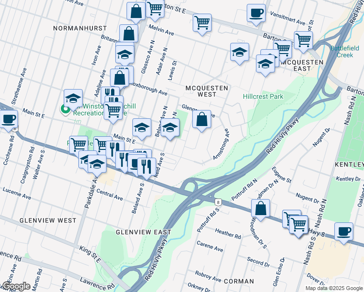 map of restaurants, bars, coffee shops, grocery stores, and more near 15 B Bingham Road in Hamilton