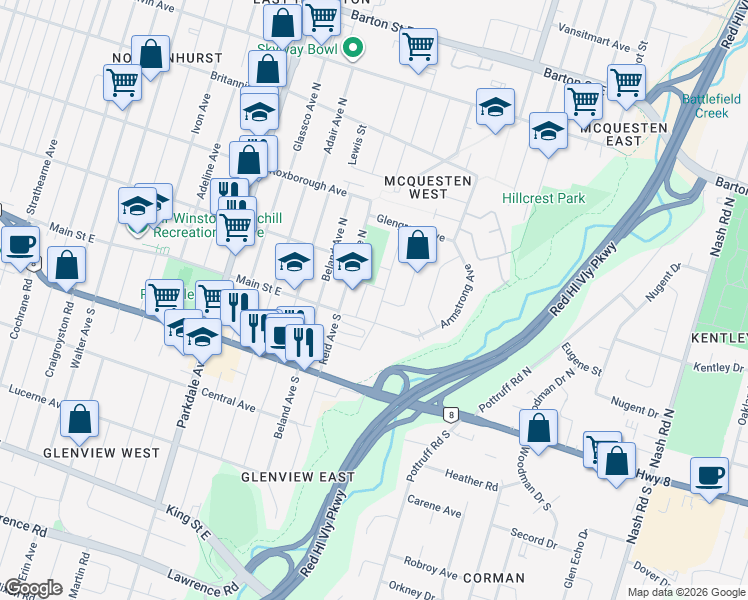 map of restaurants, bars, coffee shops, grocery stores, and more near in Hamilton