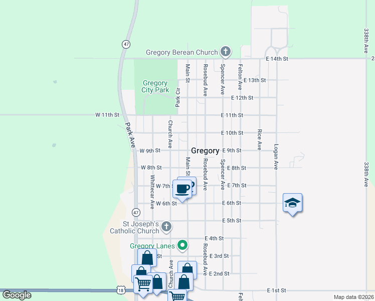 map of restaurants, bars, coffee shops, grocery stores, and more near 903 Main Street in Gregory