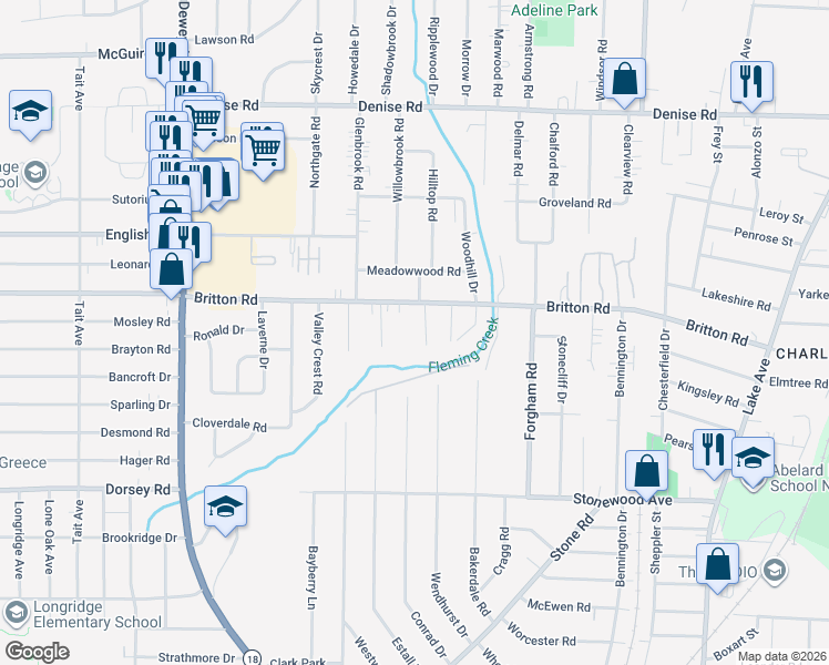 map of restaurants, bars, coffee shops, grocery stores, and more near 509 Britton Road in Rochester