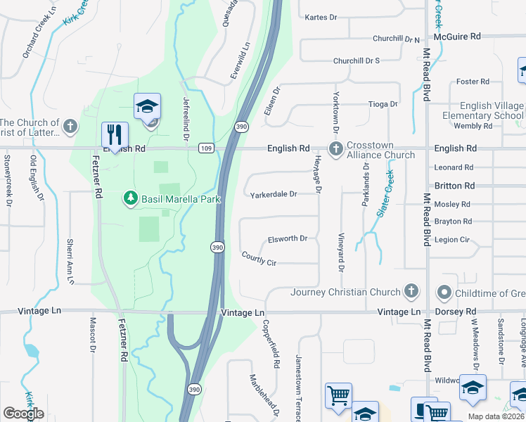 map of restaurants, bars, coffee shops, grocery stores, and more near 91 Yarkerdale Drive in Rochester