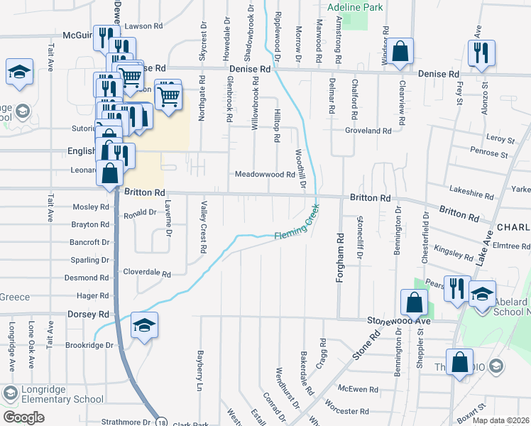 map of restaurants, bars, coffee shops, grocery stores, and more near 509 Britton Road in Rochester