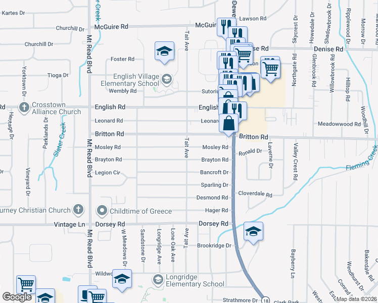 map of restaurants, bars, coffee shops, grocery stores, and more near 124 Mosley Road in Rochester