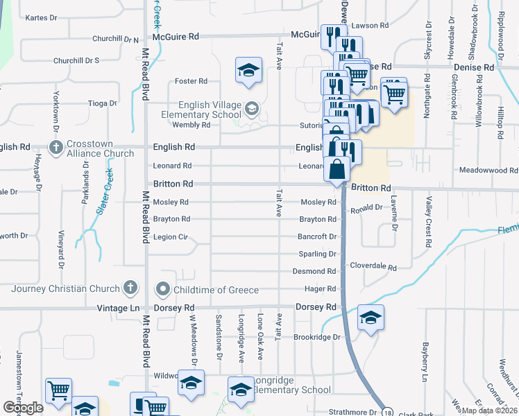 map of restaurants, bars, coffee shops, grocery stores, and more near 180 Mosley Road in Rochester