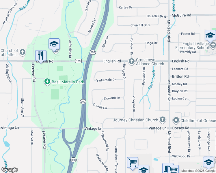map of restaurants, bars, coffee shops, grocery stores, and more near 91 Yarkerdale Drive in Rochester
