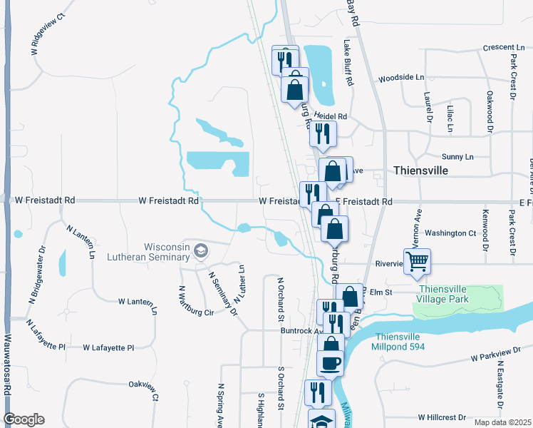 map of restaurants, bars, coffee shops, grocery stores, and more near 245 Williamsburg Drive in Thiensville
