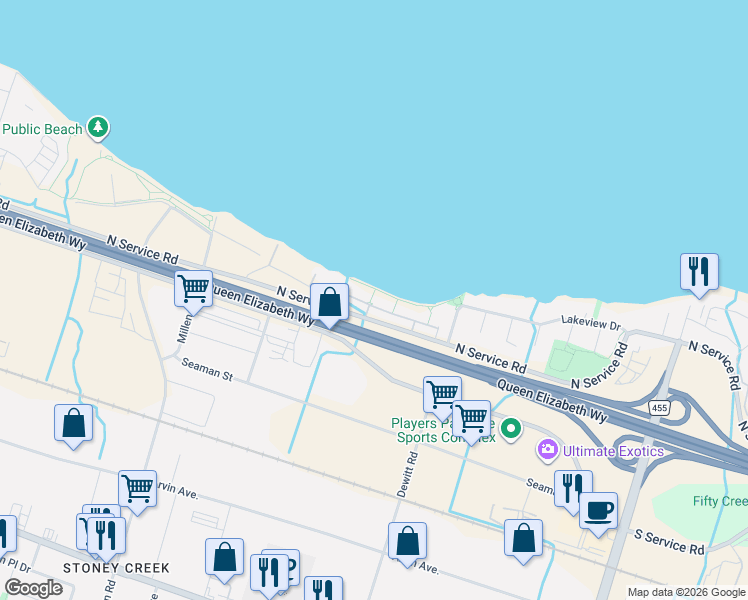 map of restaurants, bars, coffee shops, grocery stores, and more near 515 North Service Road in Hamilton