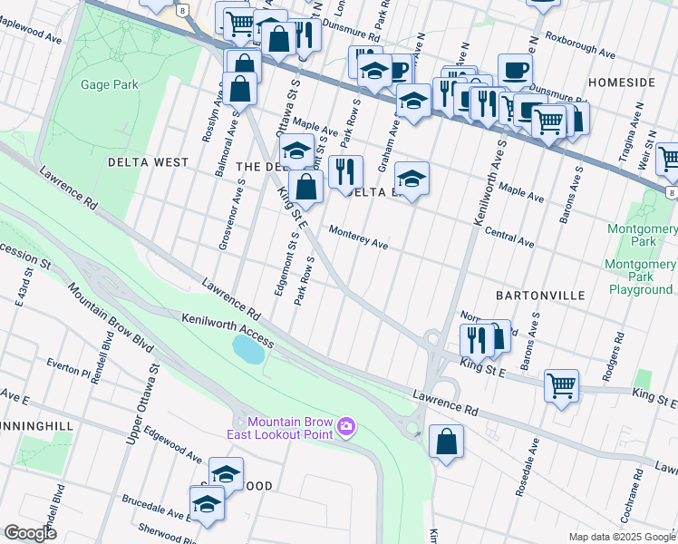 map of restaurants, bars, coffee shops, grocery stores, and more near 1597 King Street East in Hamilton