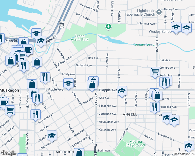 map of restaurants, bars, coffee shops, grocery stores, and more near 922 Wood Street in Muskegon