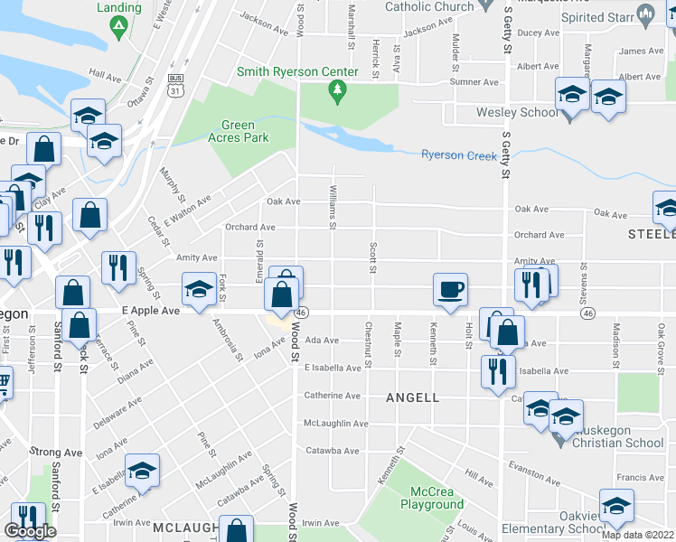 map of restaurants, bars, coffee shops, grocery stores, and more near 920 Williams Street in Muskegon