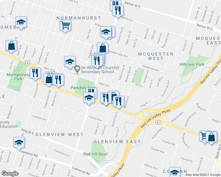 map of restaurants, bars, coffee shops, grocery stores, and more near 1852 Main Street East in Hamilton