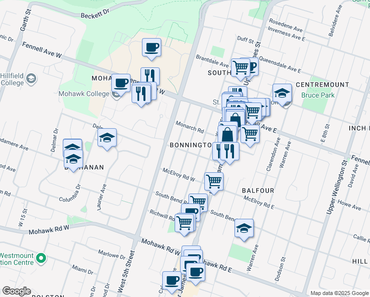 map of restaurants, bars, coffee shops, grocery stores, and more near 36 West 3rd Street in Hamilton