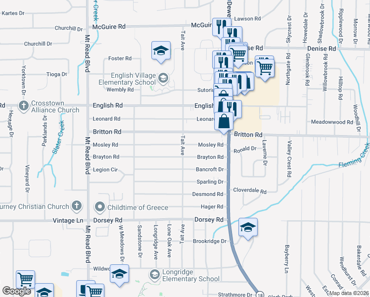 map of restaurants, bars, coffee shops, grocery stores, and more near 124 Mosley Road in Rochester