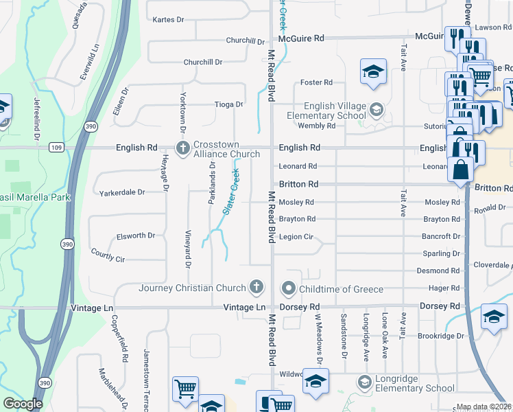map of restaurants, bars, coffee shops, grocery stores, and more near 4171 Mount Read Boulevard in Rochester