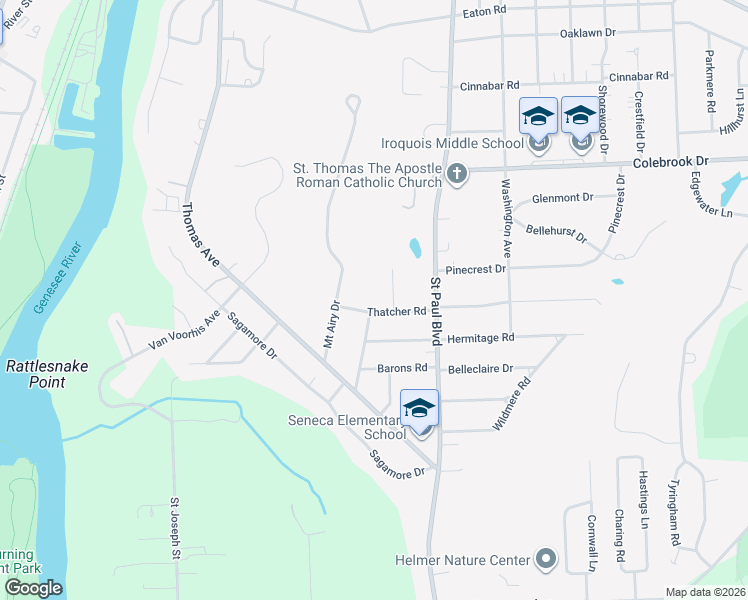 map of restaurants, bars, coffee shops, grocery stores, and more near 32 Thatcher Road in Rochester