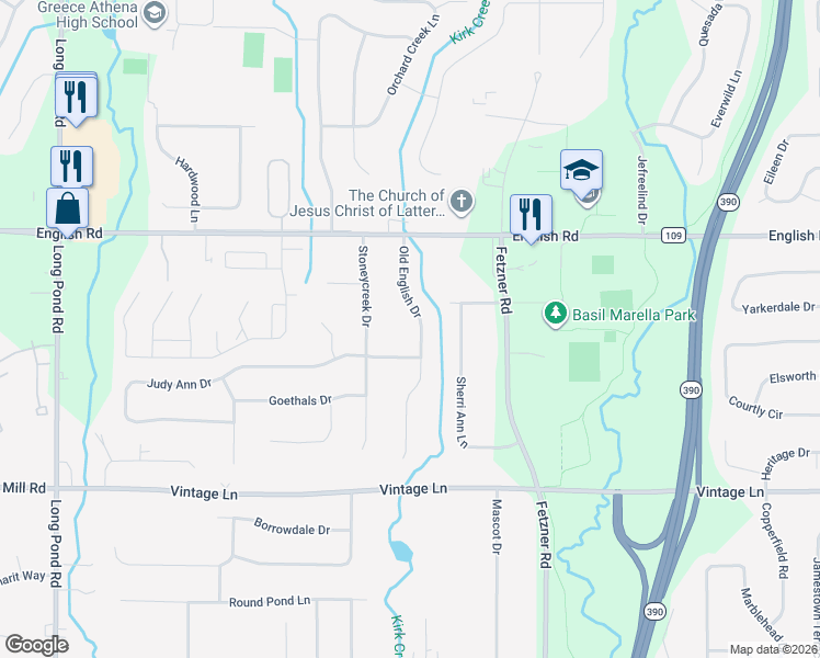 map of restaurants, bars, coffee shops, grocery stores, and more near 71 Old English Drive in Rochester