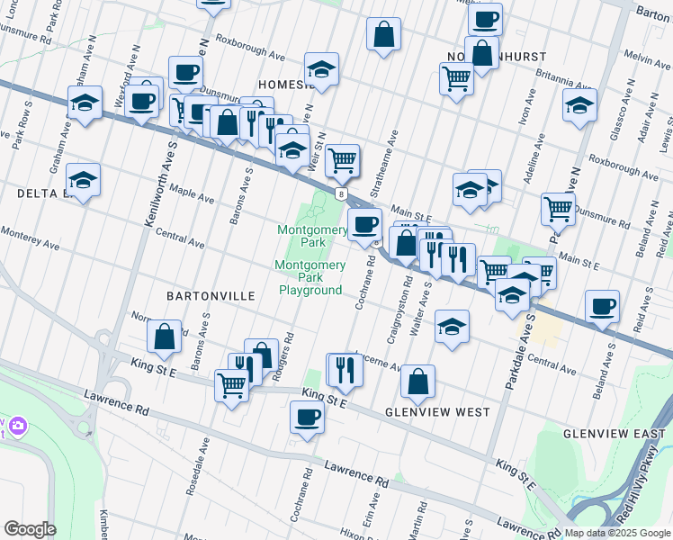 map of restaurants, bars, coffee shops, grocery stores, and more near 73 Berry Avenue in Hamilton
