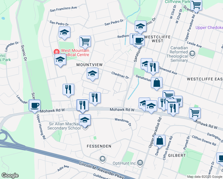 map of restaurants, bars, coffee shops, grocery stores, and more near in Hamilton