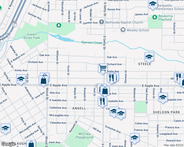 map of restaurants, bars, coffee shops, grocery stores, and more near 723 Amity Avenue in Muskegon