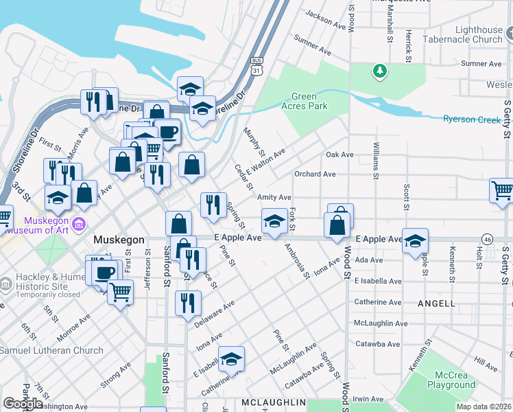 map of restaurants, bars, coffee shops, grocery stores, and more near 185 Amity Avenue in Muskegon