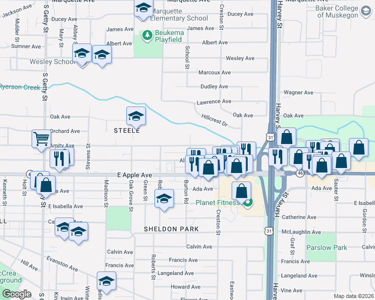 map of restaurants, bars, coffee shops, grocery stores, and more near 1269 Amity Avenue in Muskegon