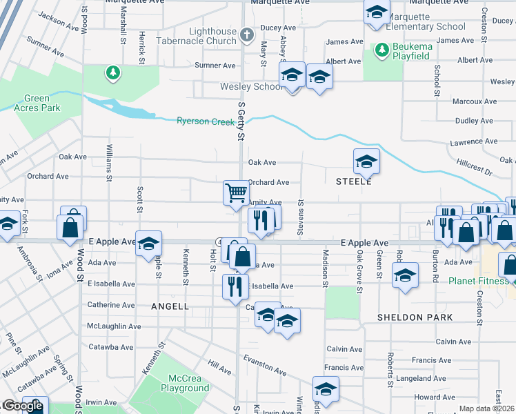 map of restaurants, bars, coffee shops, grocery stores, and more near 851 Amity Avenue in Muskegon