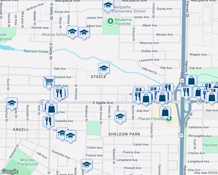 map of restaurants, bars, coffee shops, grocery stores, and more near 1143 Amity Avenue in Muskegon