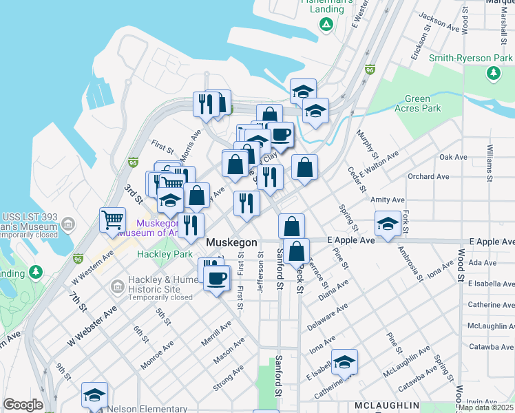 map of restaurants, bars, coffee shops, grocery stores, and more near 122 West Muskegon Avenue in Muskegon