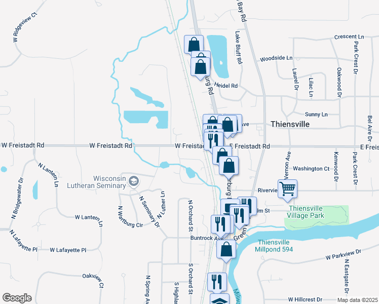 map of restaurants, bars, coffee shops, grocery stores, and more near 12325 West Freistadt Road in Mequon