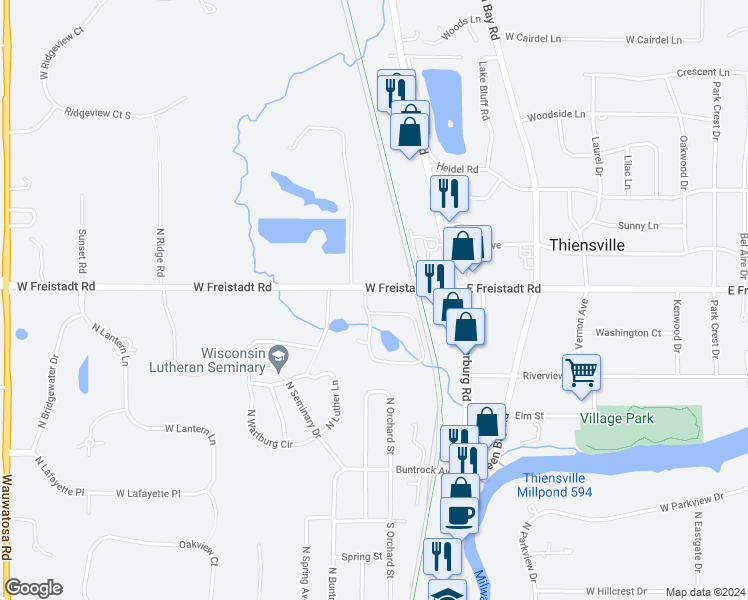 map of restaurants, bars, coffee shops, grocery stores, and more near 240 Williamsburg Drive in Thiensville