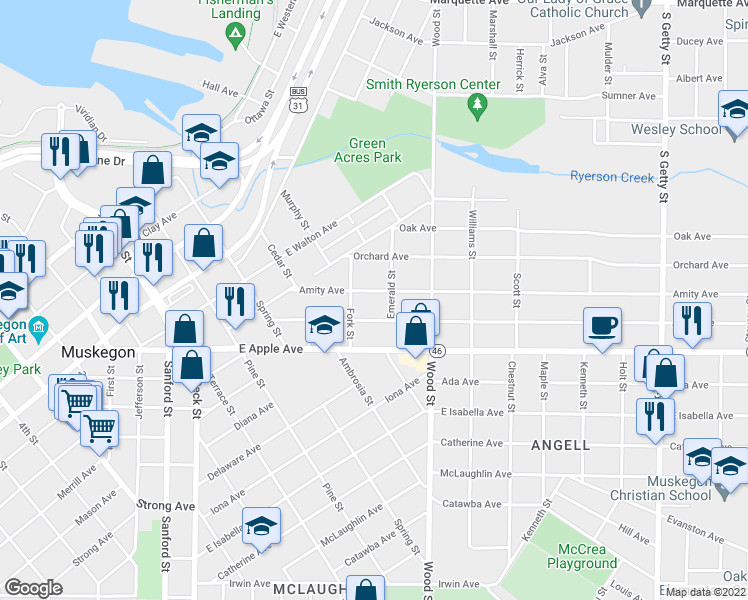 map of restaurants, bars, coffee shops, grocery stores, and more near 305 Amity Avenue in Muskegon