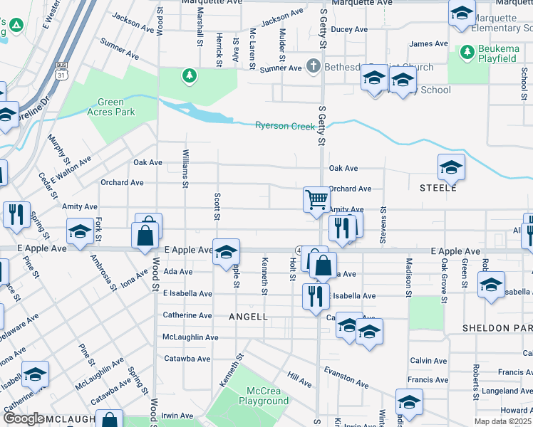 map of restaurants, bars, coffee shops, grocery stores, and more near 669 Amity Avenue in Muskegon