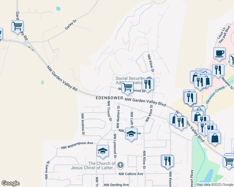map of restaurants, bars, coffee shops, grocery stores, and more near 1901 Northwest Hughwood Drive in Roseburg
