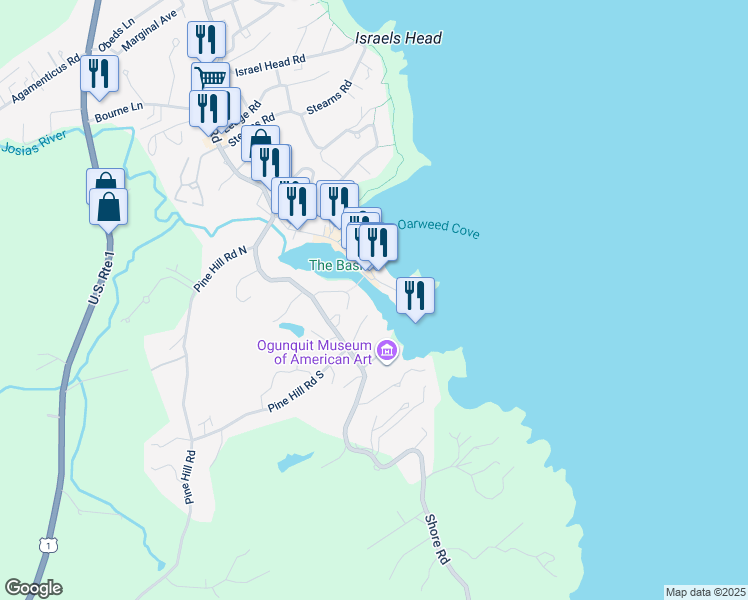 map of restaurants, bars, coffee shops, grocery stores, and more near 33 Riverside Lane in Ogunquit