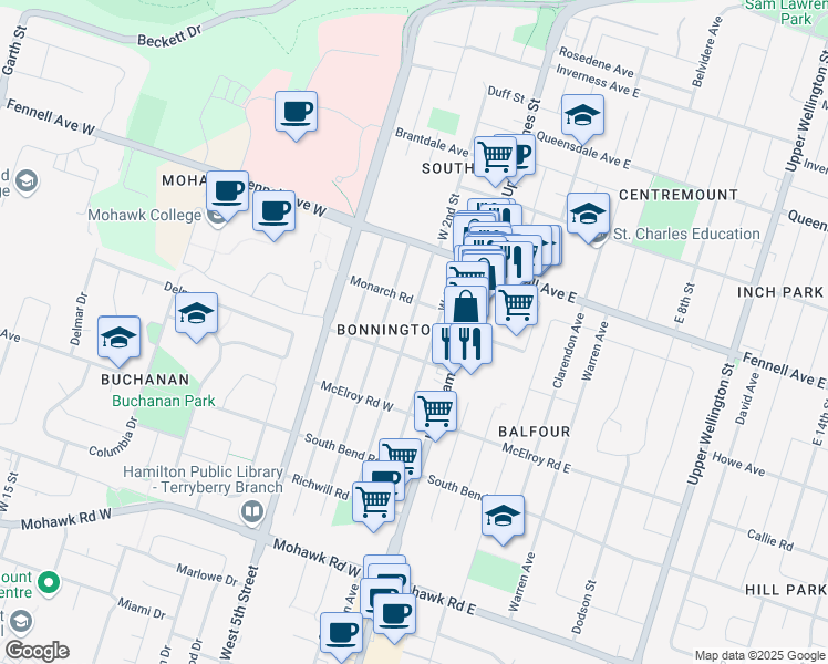 map of restaurants, bars, coffee shops, grocery stores, and more near 264 West 2nd Street in Hamilton