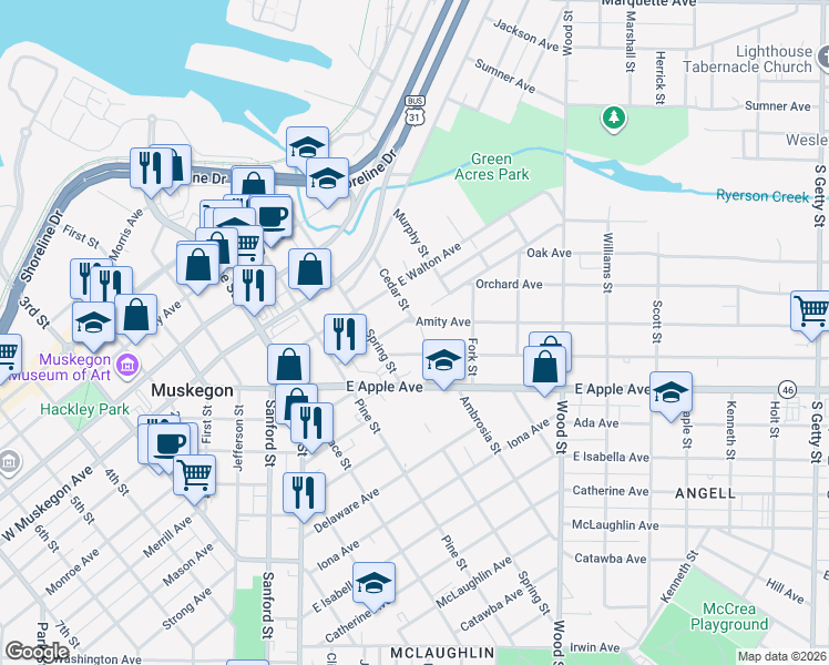 map of restaurants, bars, coffee shops, grocery stores, and more near 185 Amity Avenue in Muskegon