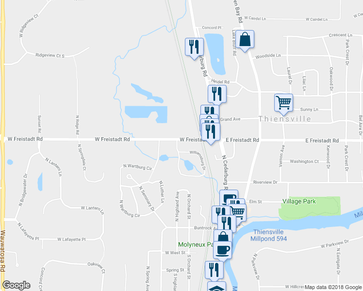 map of restaurants, bars, coffee shops, grocery stores, and more near 245 Williamsburg Drive in Thiensville