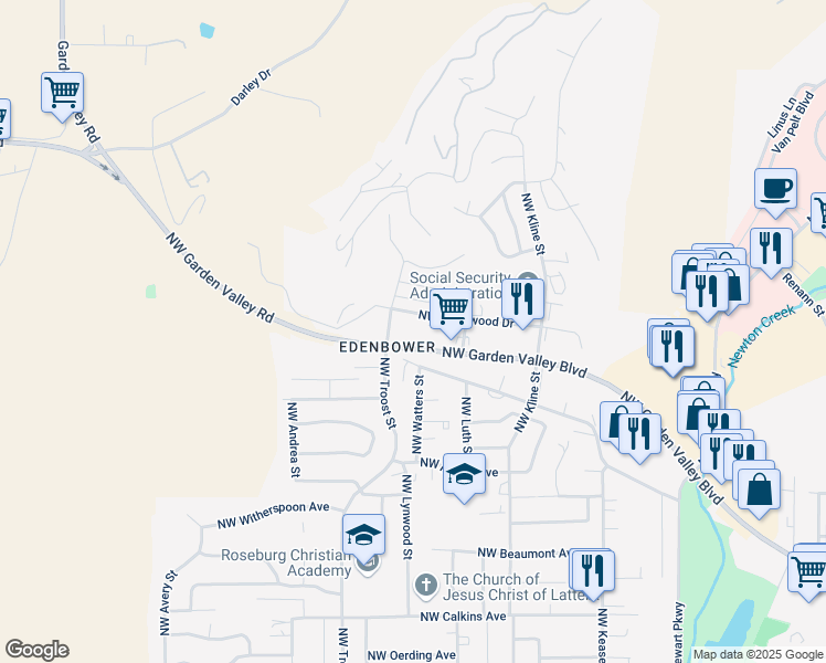 map of restaurants, bars, coffee shops, grocery stores, and more near 1901 Northwest Hughwood Drive in Roseburg