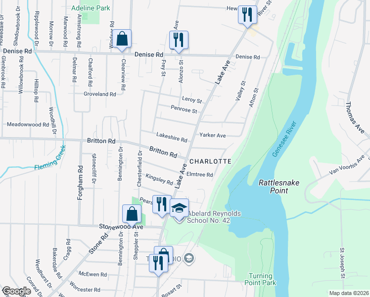 map of restaurants, bars, coffee shops, grocery stores, and more near 3583 Lake Avenue in Rochester
